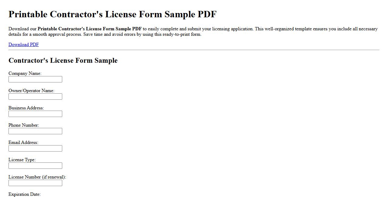 Printable Contractor’s License Form Sample PDF image preview