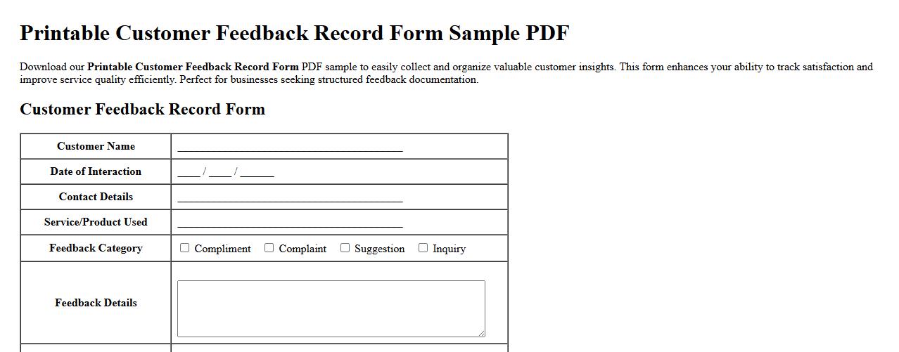 Printable Customer Feedback Record Form Sample PDF image preview