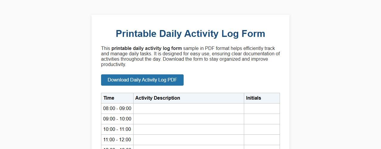 printable daily activity log form sample PDF image preview