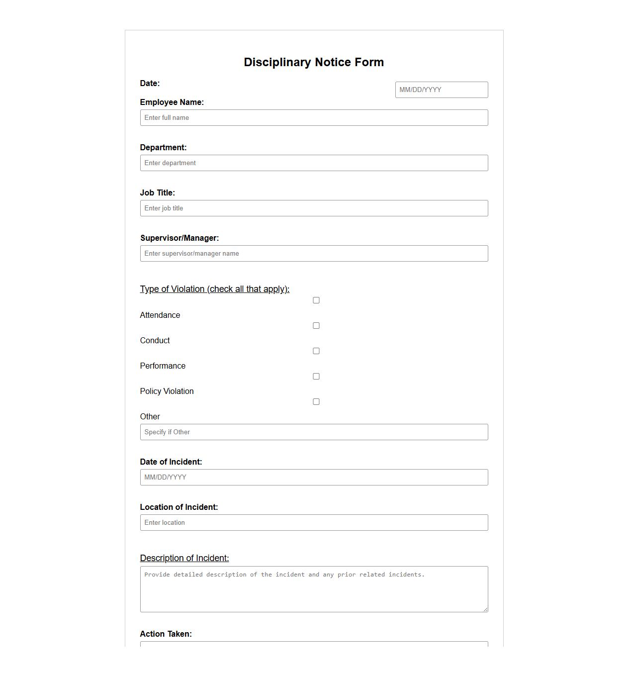 printable disciplinary notice form sample for employee misconduct image preview