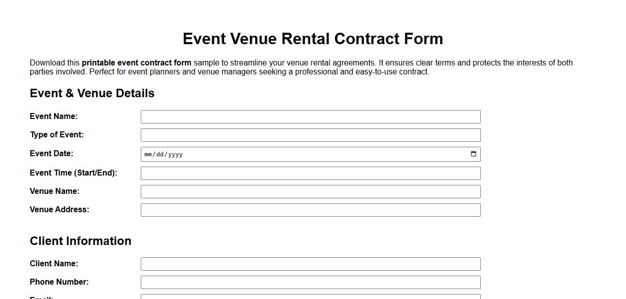 printable event contract form sample for venue rental image preview