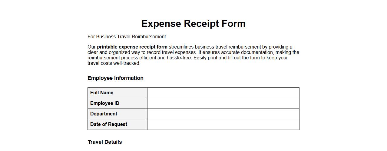 printable expense receipt form for business travel reimbursement image preview