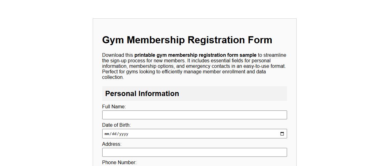 Printable gym membership registration form sample image preview