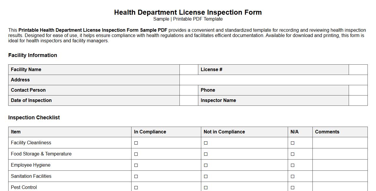 Printable health department license inspection form sample PDF image preview