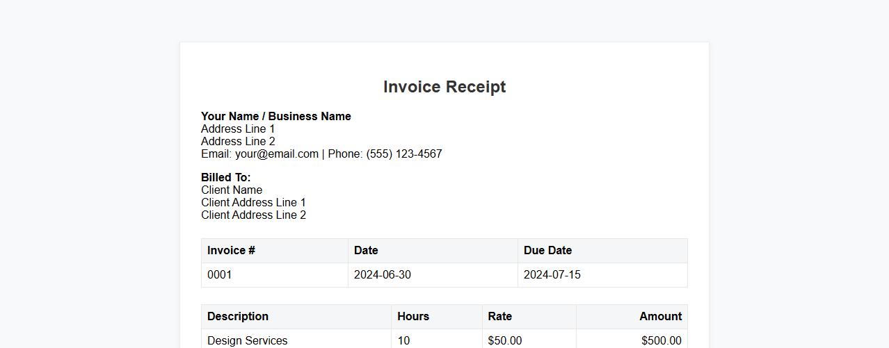 Printable invoice receipt template for freelancers image preview