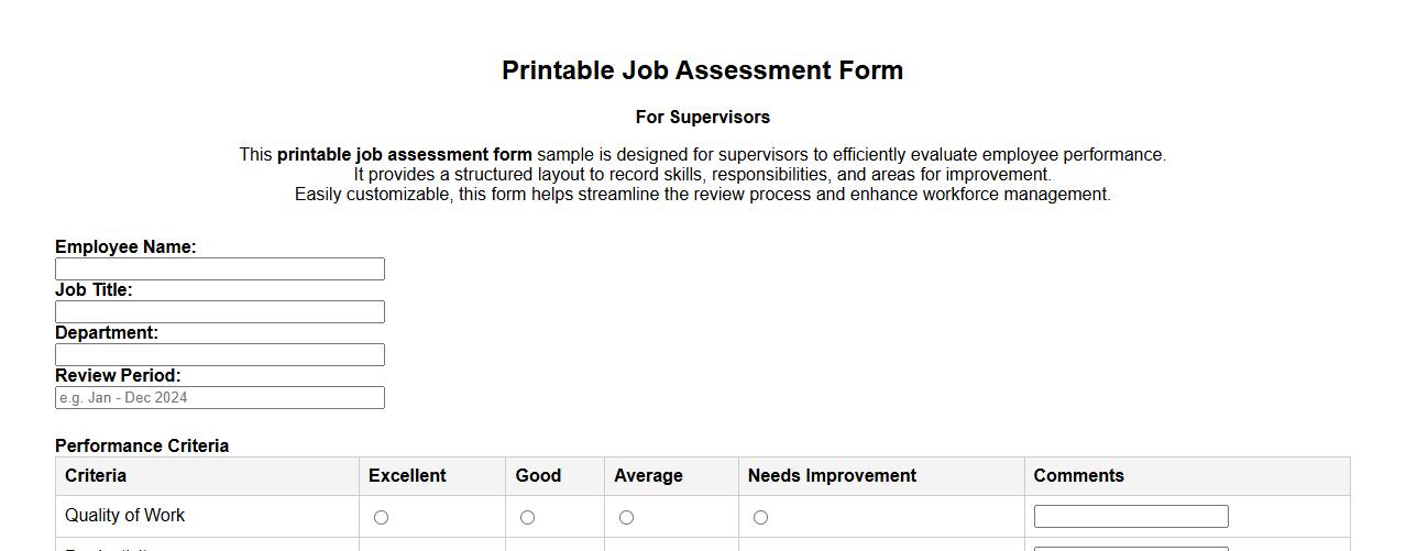 Printable job assessment form sample for supervisors image preview