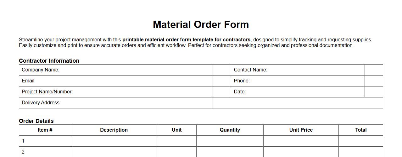 printable material order form template for contractors image preview