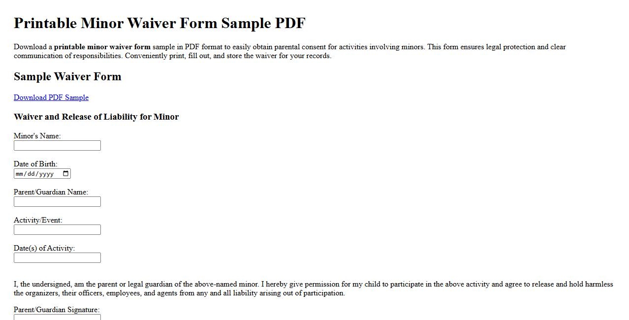Printable minor waiver form sample PDF image preview