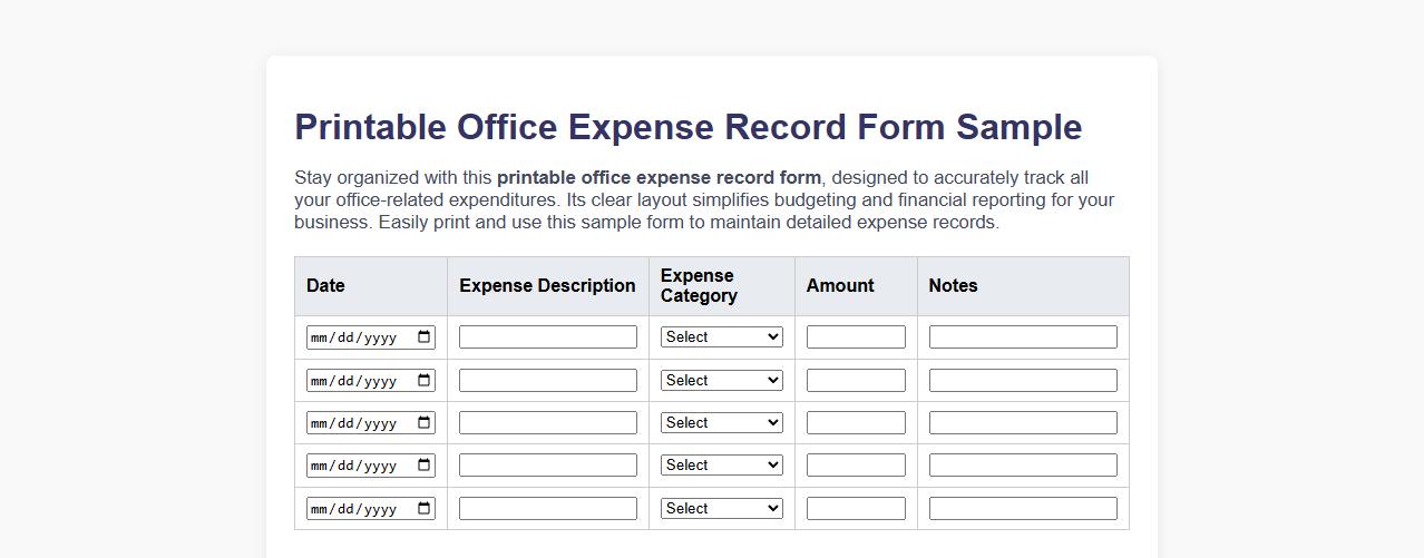 Printable office expense record form sample image preview