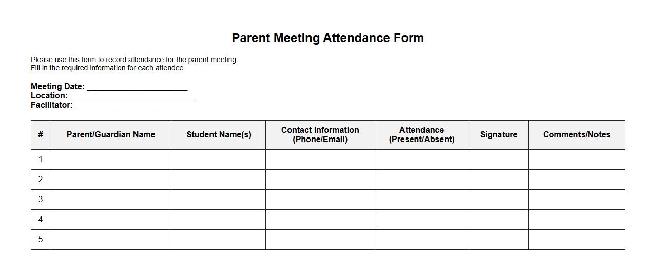 printable parent meeting attendance form sample image preview