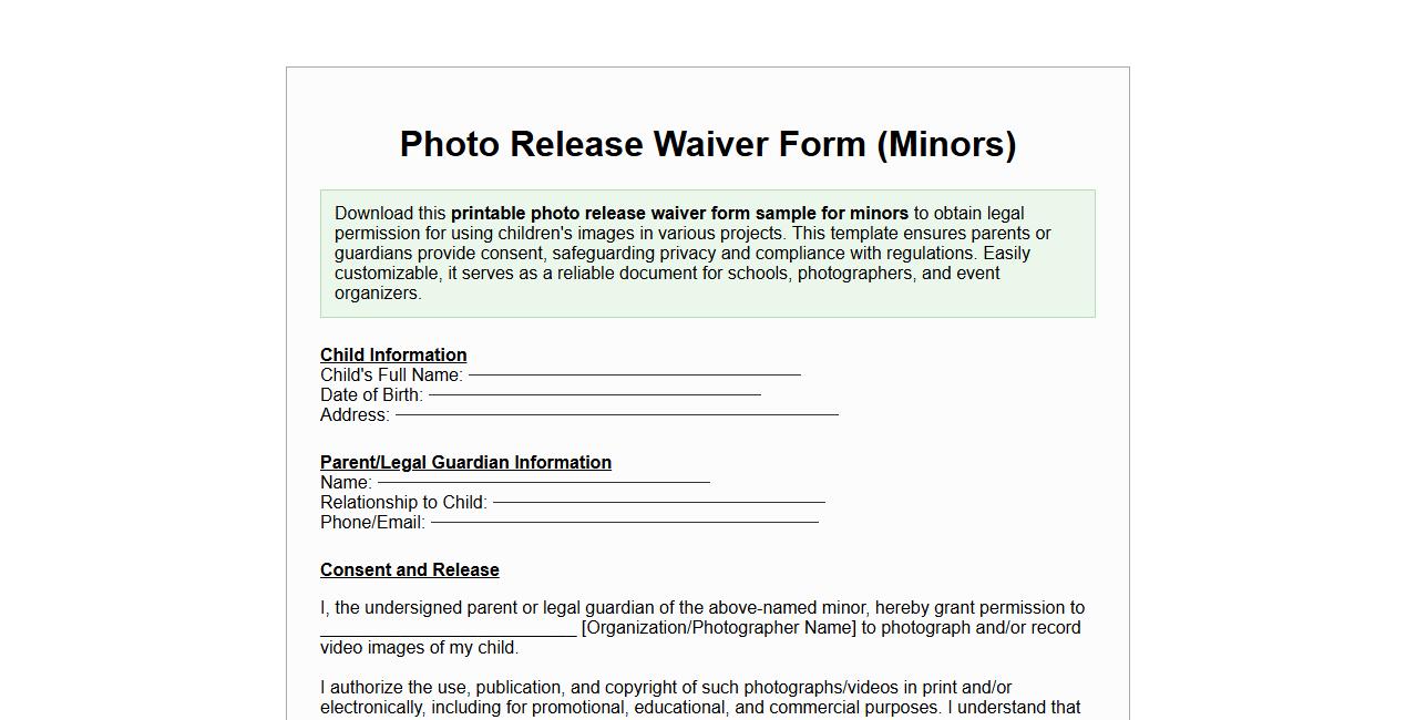 printable photo release waiver form sample for minors image preview