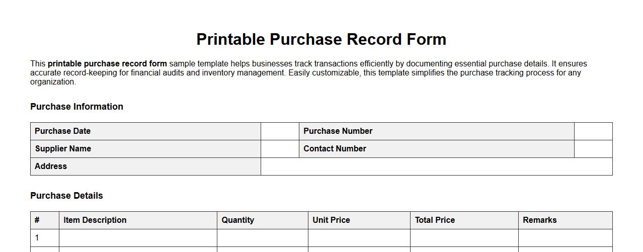 printable purchase record form sample template image preview