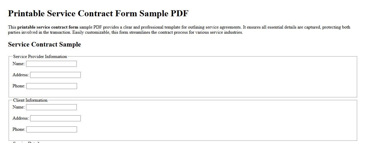 Printable service contract form sample PDF image preview