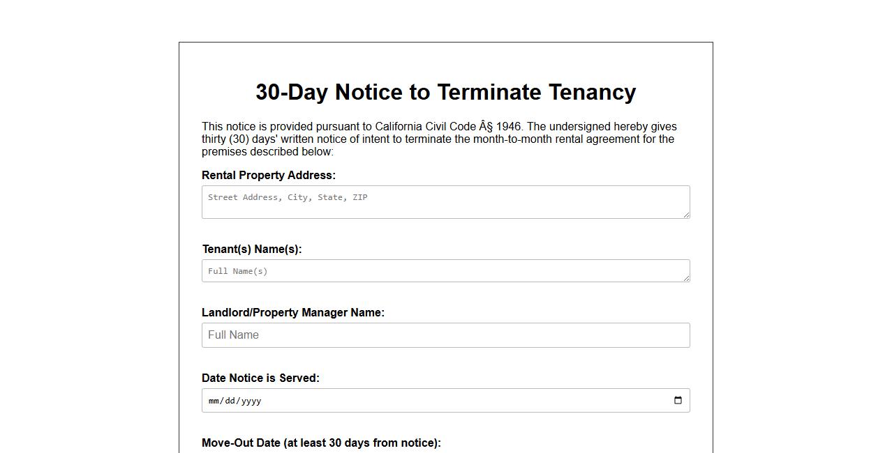 printable thirty day notice form sample for California rentals image preview
