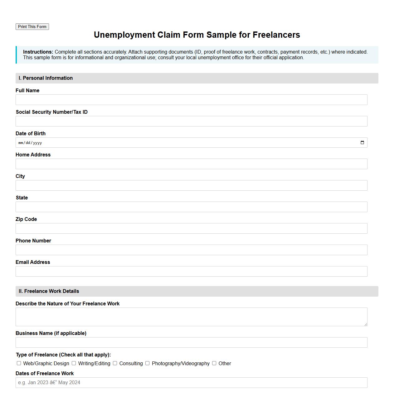 Printable unemployment claim form sample for freelancers image preview