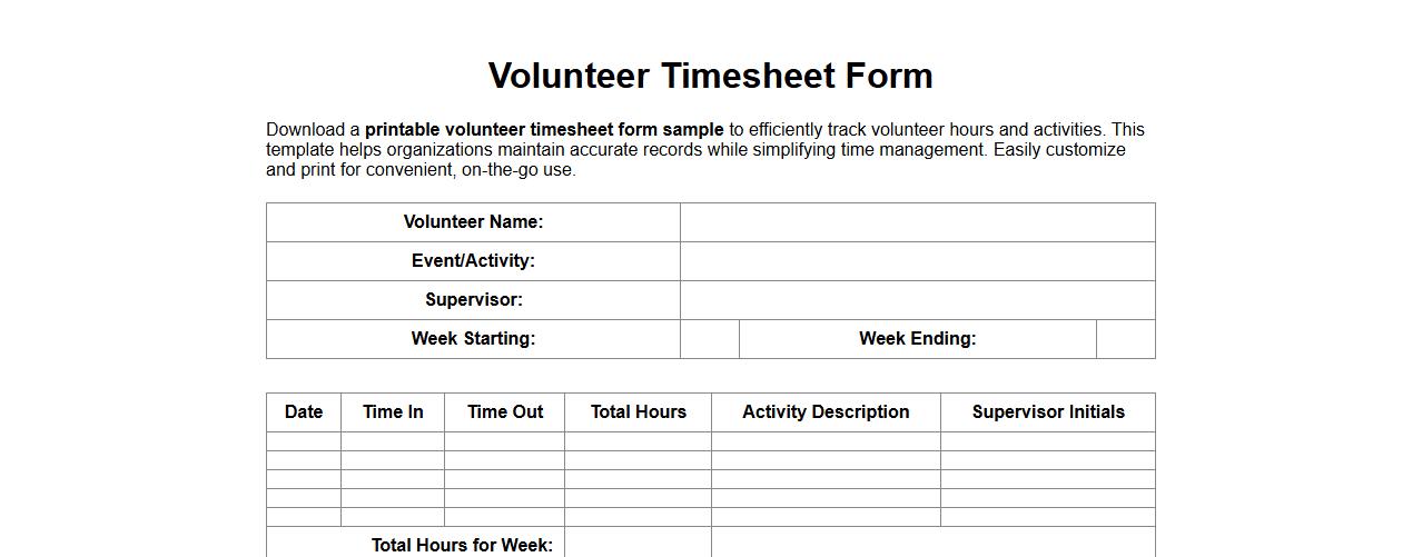 printable volunteer timesheet form sample image preview