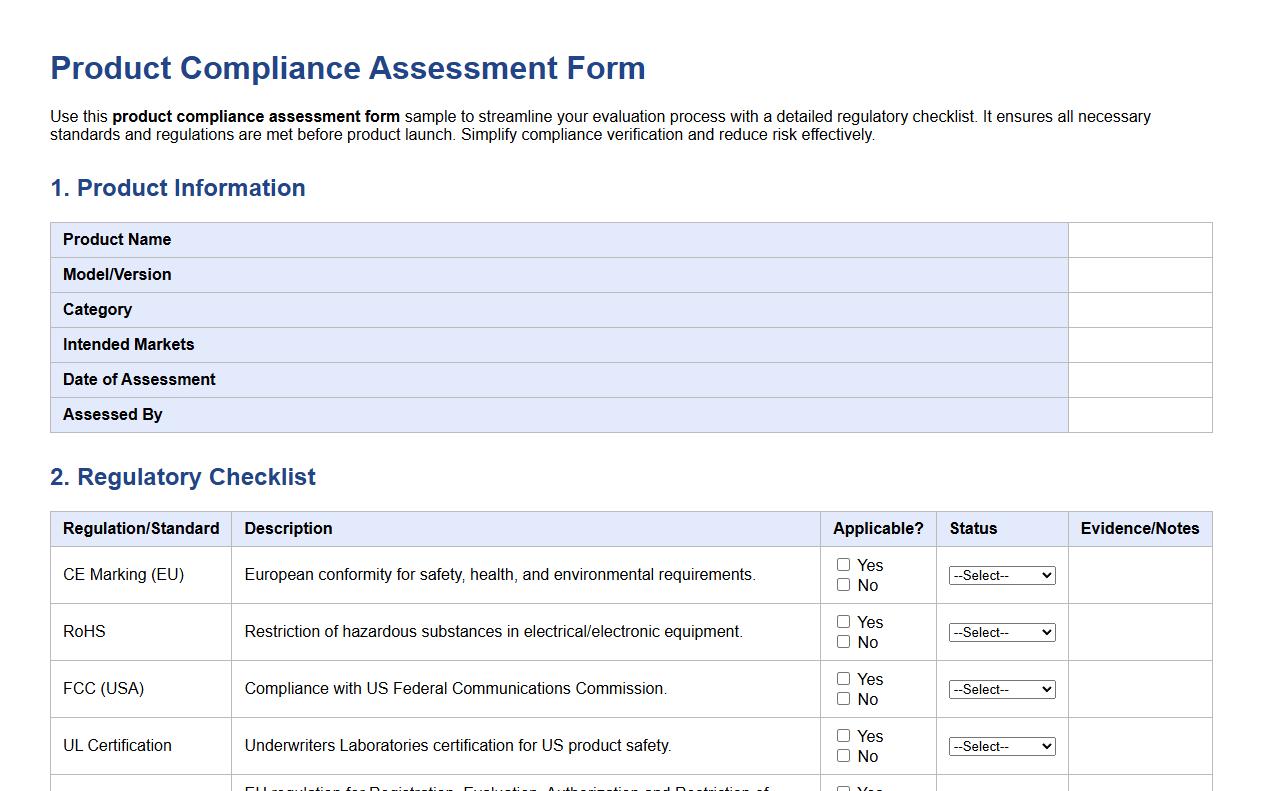 product compliance assessment form sample with regulatory checklist image preview