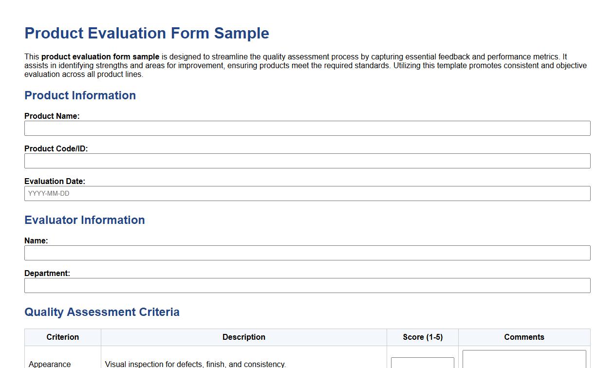 product evaluation form sample for quality assessment image preview