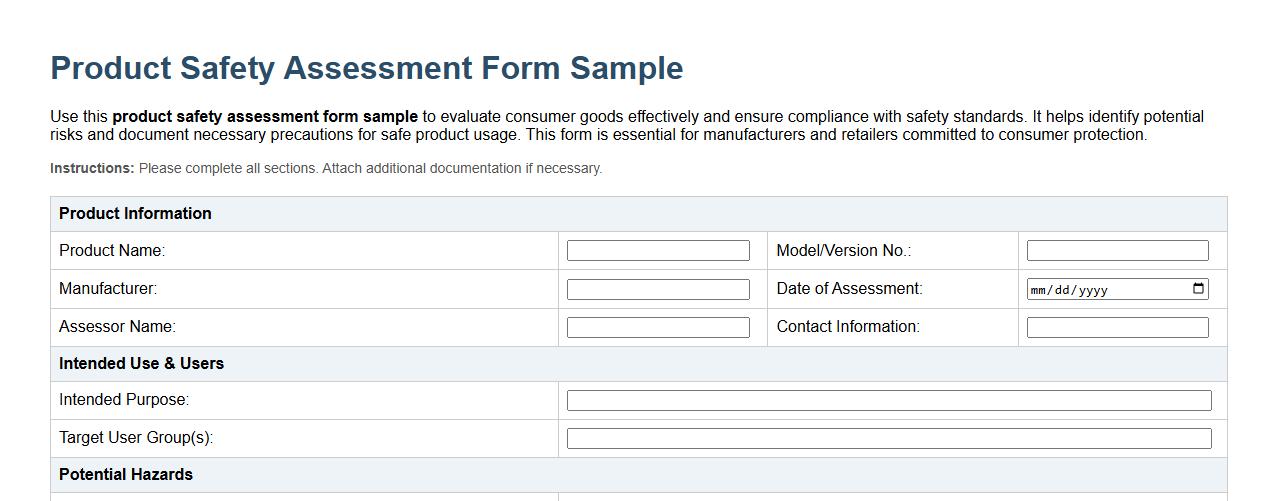product safety assessment form sample for consumer goods image preview