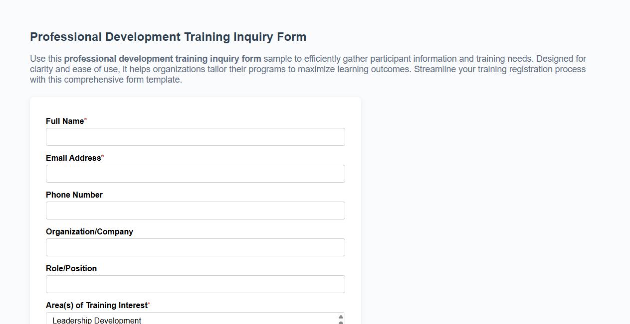 professional development training inquiry form sample image preview