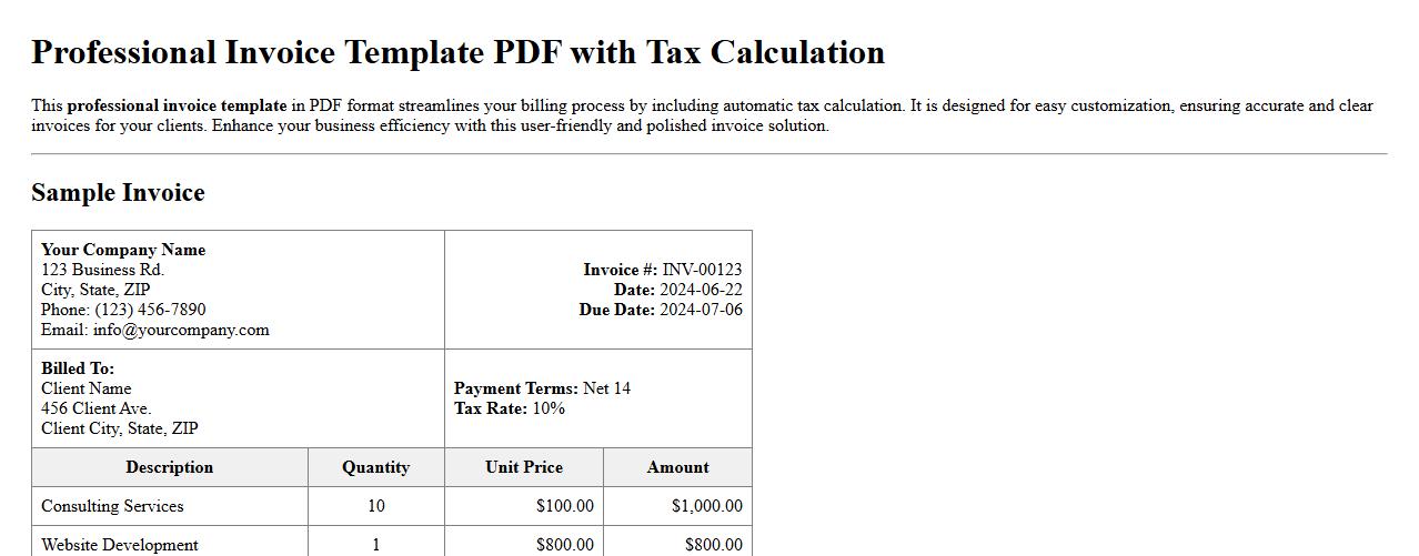 Professional invoice template PDF with tax calculation image preview