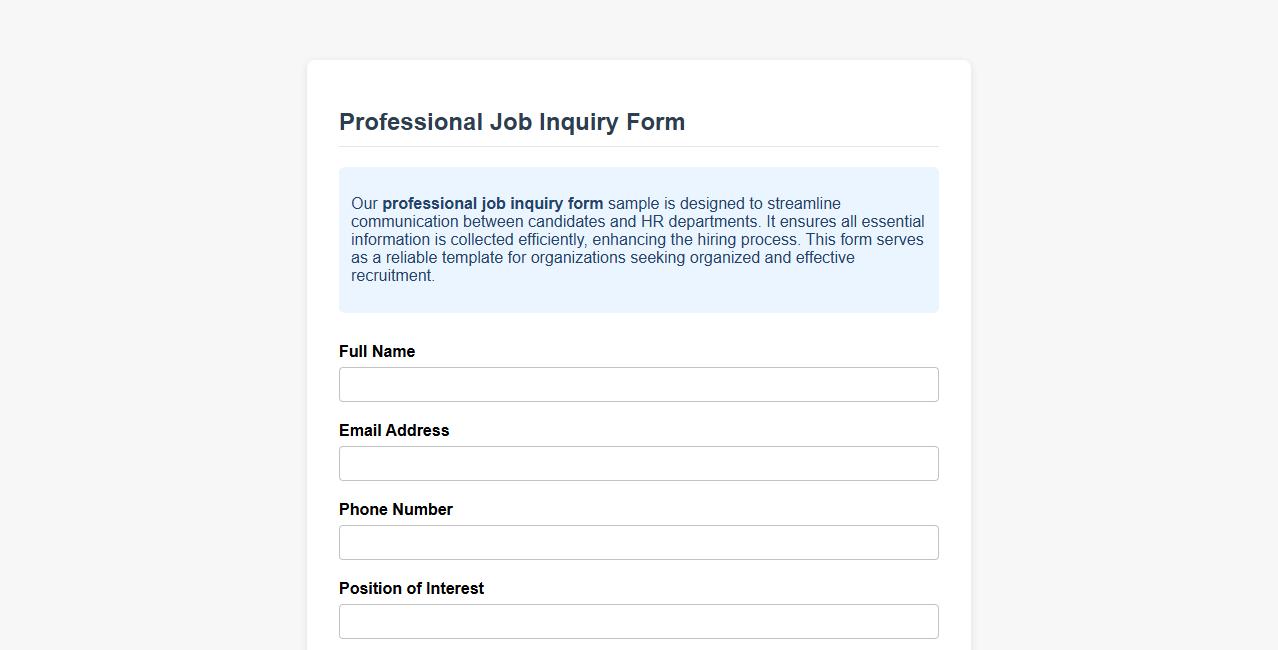 Professional job inquiry form sample for HR image preview