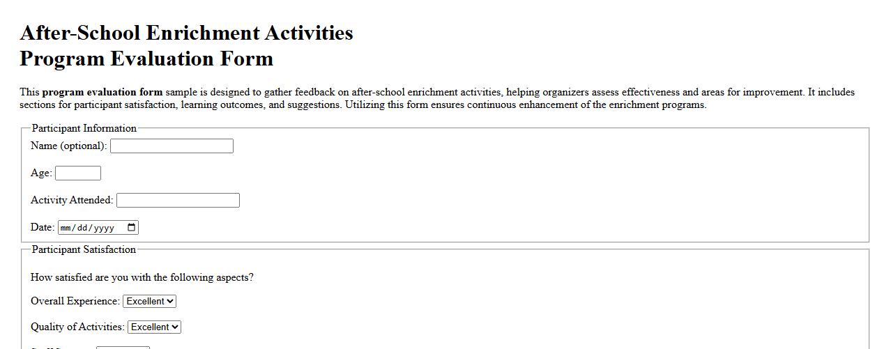 Program evaluation form sample for after-school enrichment activities image preview