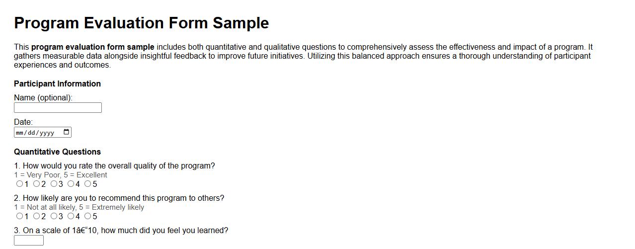 Program evaluation form sample with quantitative and qualitative questions image preview