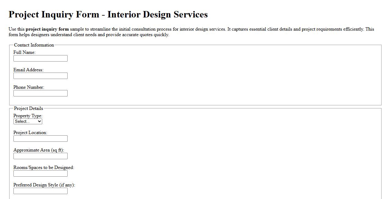 project inquiry form sample for interior design services image preview
