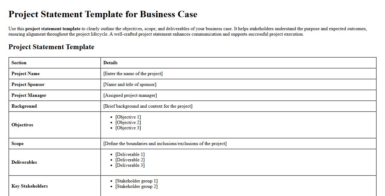 Project statement template for business case image preview