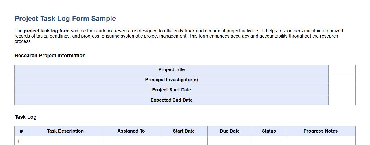 project task log form sample for academic research image preview