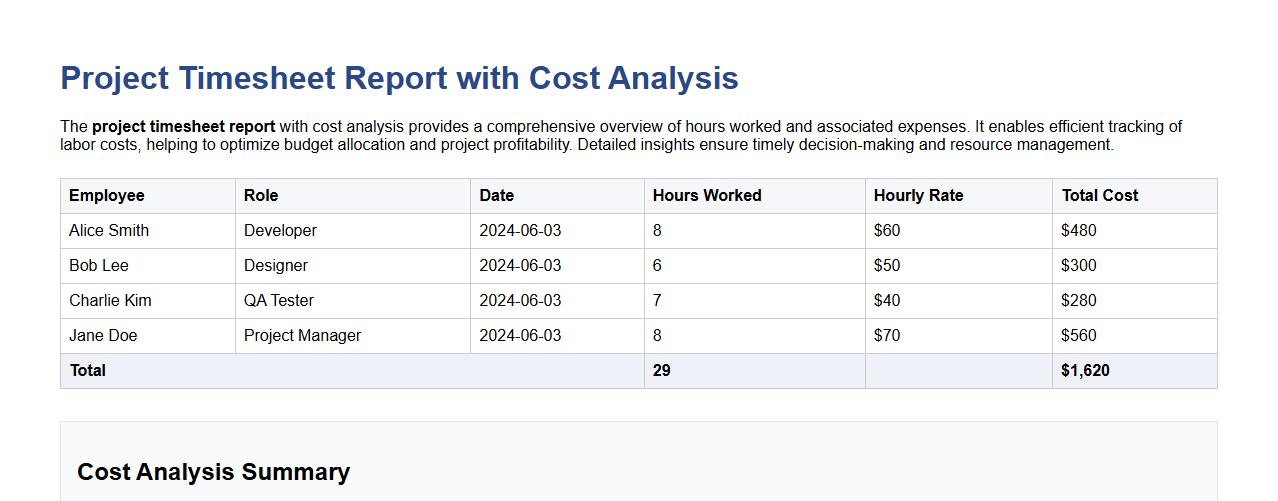 Project timesheet report with cost analysis image preview