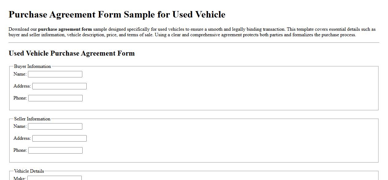 Purchase agreement form sample for used vehicle image preview