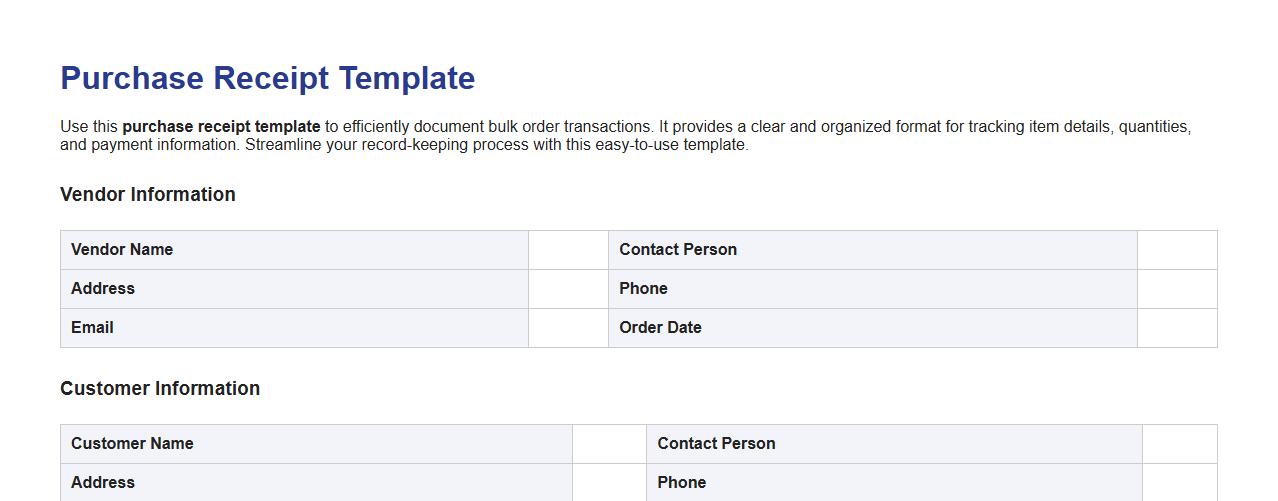 Purchase receipt template for bulk order documentation image preview