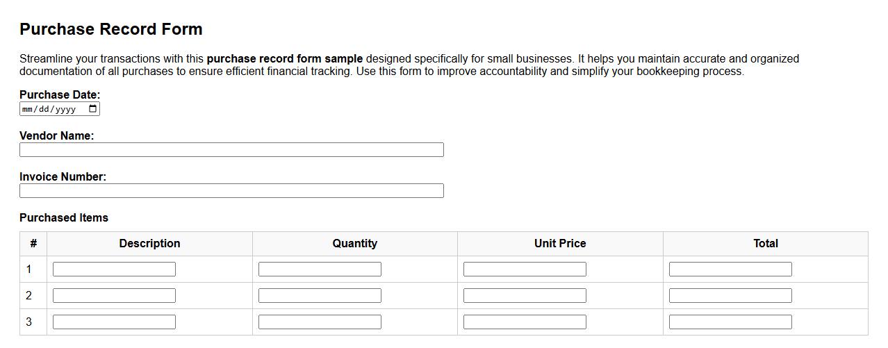 purchase record form sample for small business image preview
