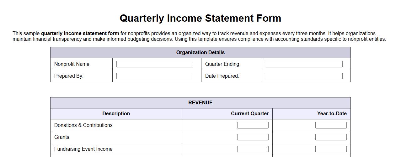 Quarterly income statement form sample for nonprofits image preview