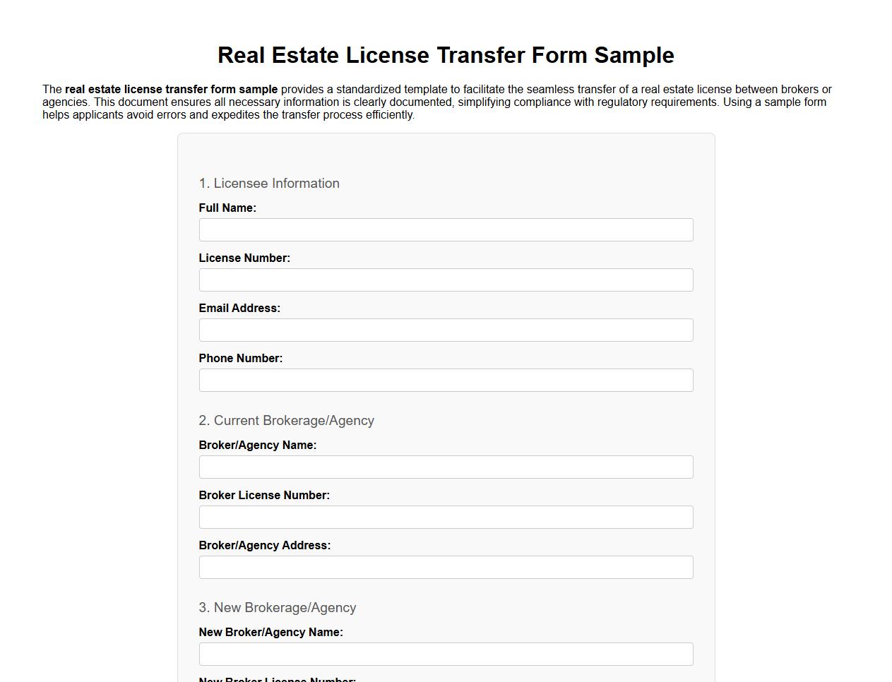 real estate license transfer form sample image preview