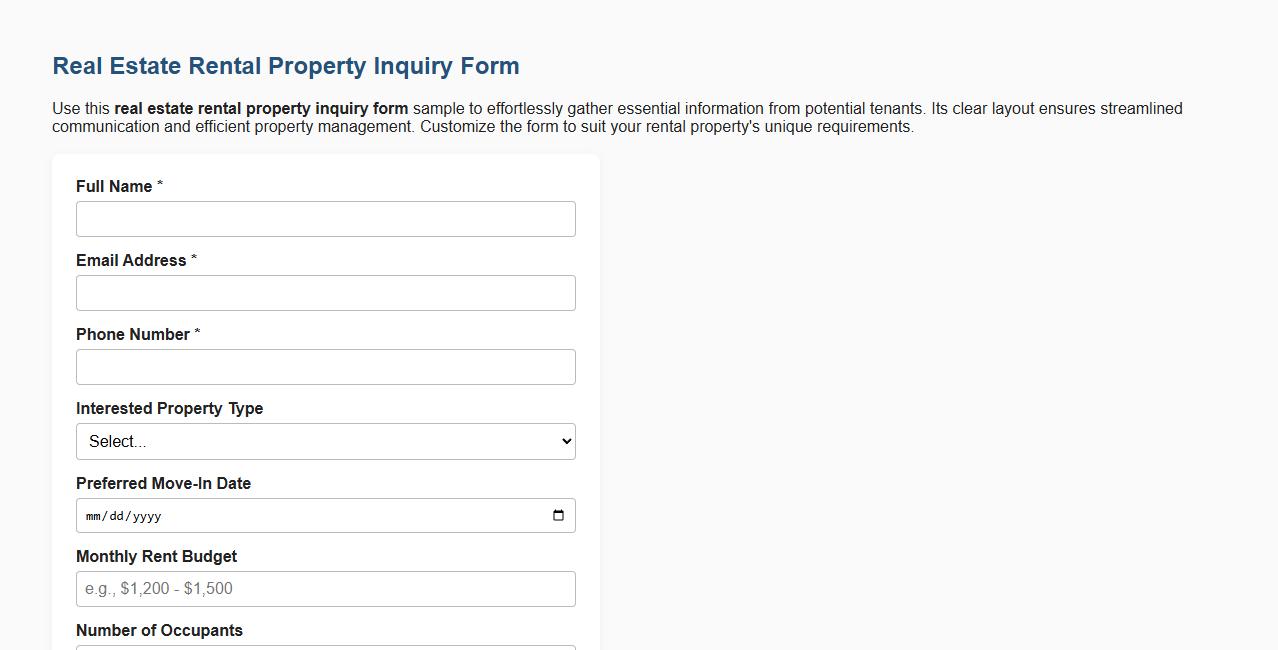 Real estate rental property inquiry form sample image preview