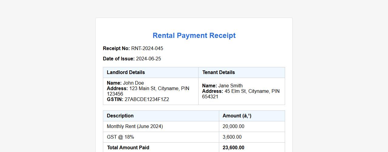 Rental payment receipt with GST or tax details image preview