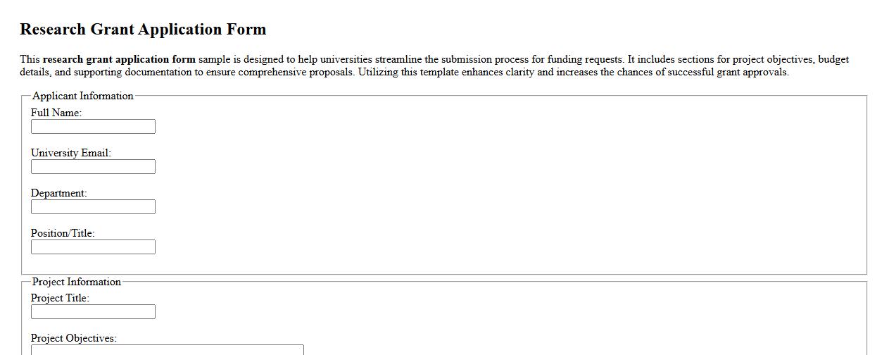 Research grant application form sample for universities image preview