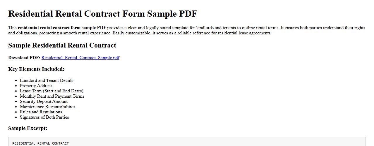 Residential rental contract form sample PDF image preview