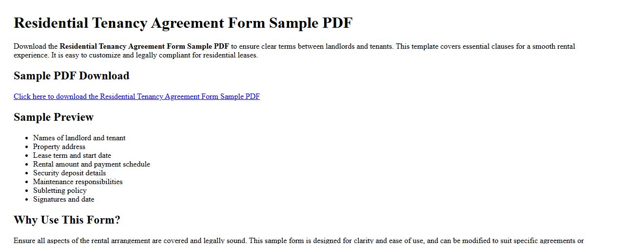 Residential tenancy agreement form sample PDF image preview