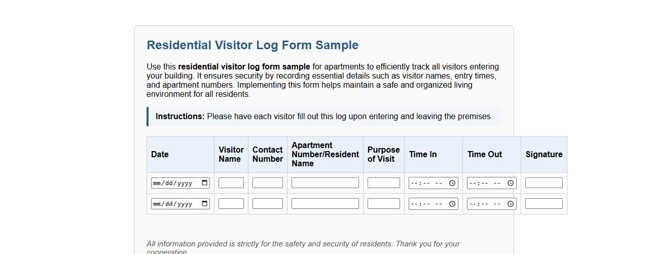 residential visitor log form sample for apartments image preview