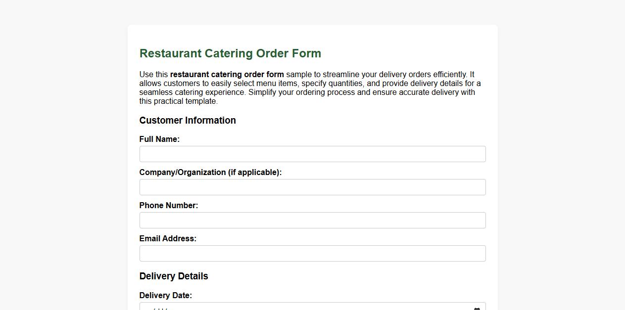 restaurant catering order form sample for delivery orders image preview