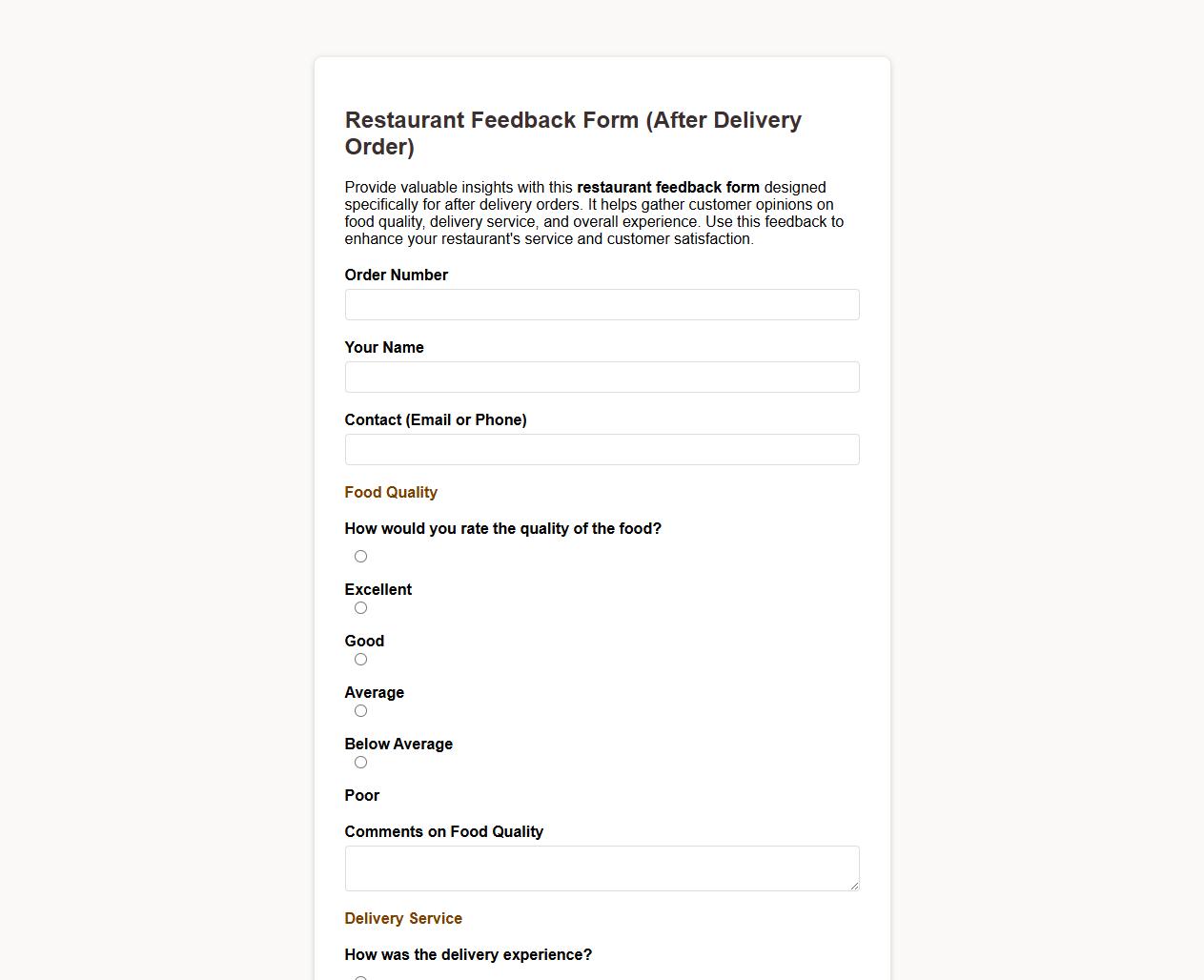 Restaurant feedback form sample after delivery order image preview