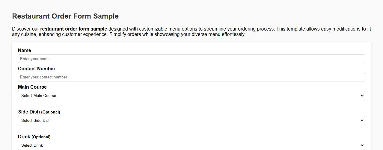 Restaurant order form sample with customizable menu options image preview