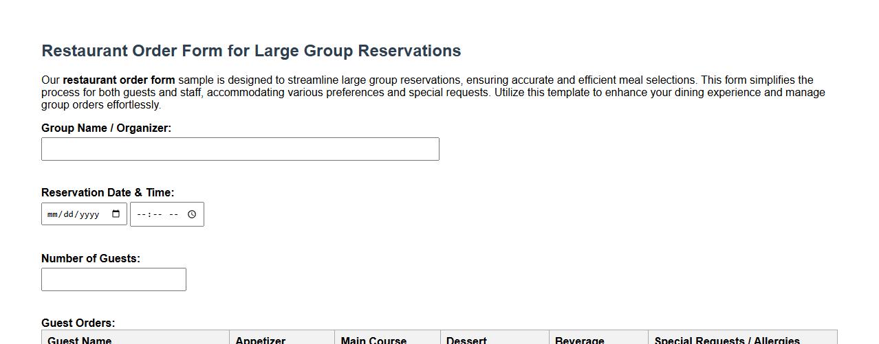 Restaurant order form sample for large group reservations image preview