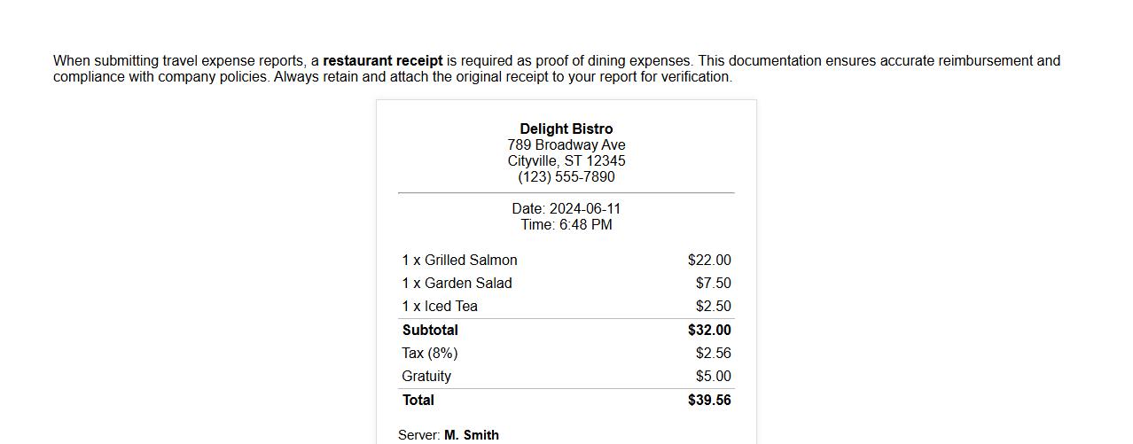 restaurant receipt required for travel expense reports image preview