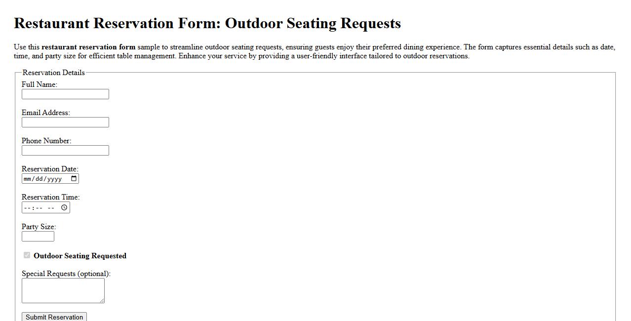 Restaurant reservation form sample for outdoor seating requests image preview