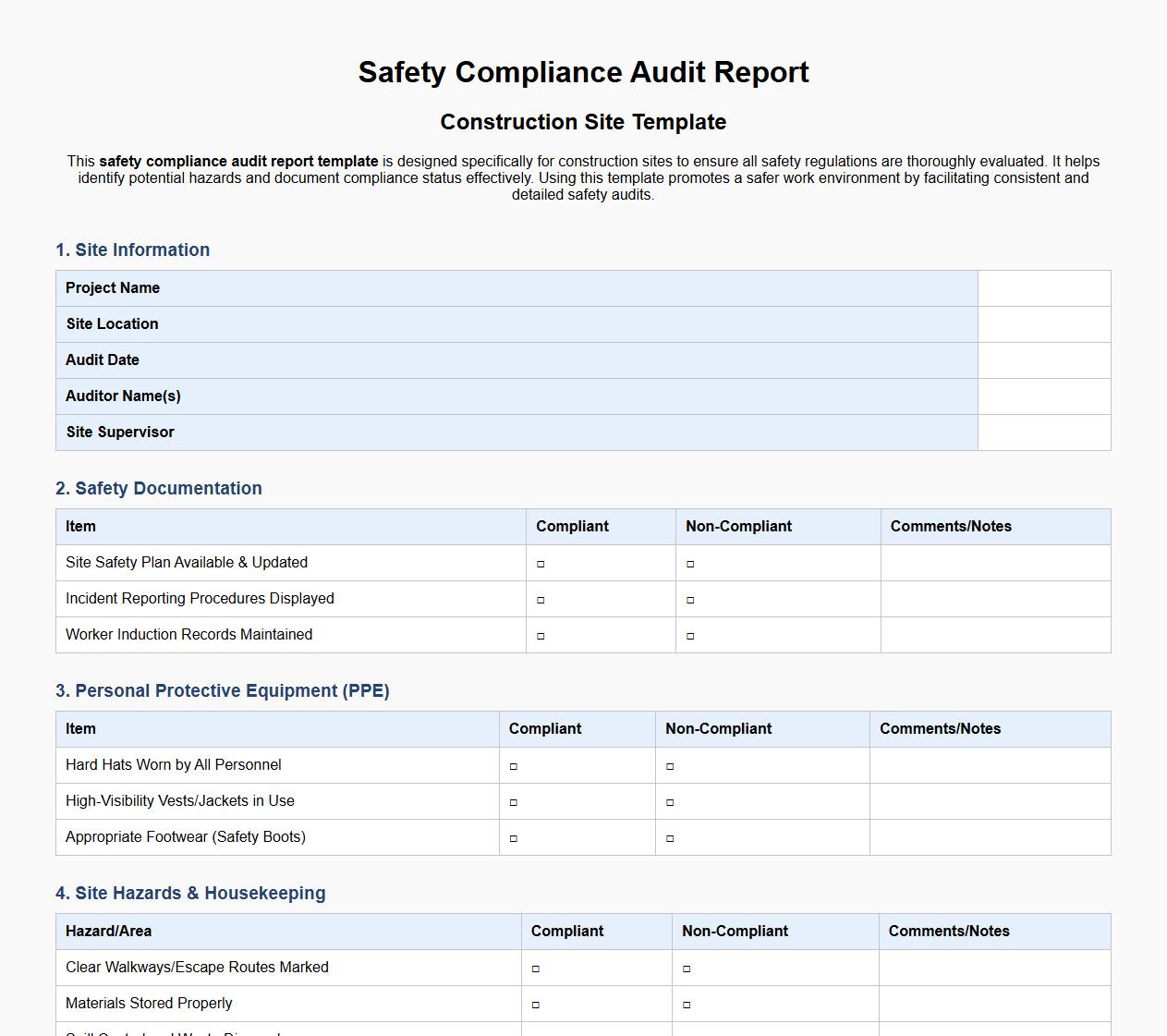 Safety compliance audit report template for construction sites image preview